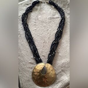 🚨 Vintage Long Multi-Strand Bead Necklace w/Brass Pendant